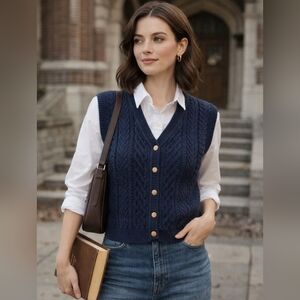 Lizsport 100% Cotton Navy Cable Knit Button Front Sweater Vest Preppy